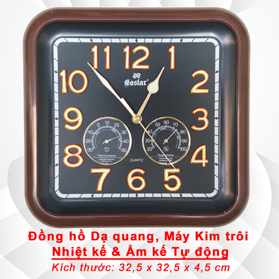Đồng Hồ Treo Tường Cao Cấp KIM TRÔI EASTAR SỐ NỔI 3D có DẠ QUANG và NHIỆT ẨM KẾ CƠ (Không Dùng Pin) - Hình Vuông Mặt Đen - Tặng Pin AA - Bảo Hành 1 Năm