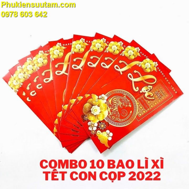 Combo 10 bao lì xì tết con cọp 2022, Trang trí trong nhà, mang theo trong túi, bỏ tiền lì xì, làm quà biếu, tặng dịp Lễ Tết, kích thước 16 x 8cm, màu đỏ - TMT Collection - SP000365