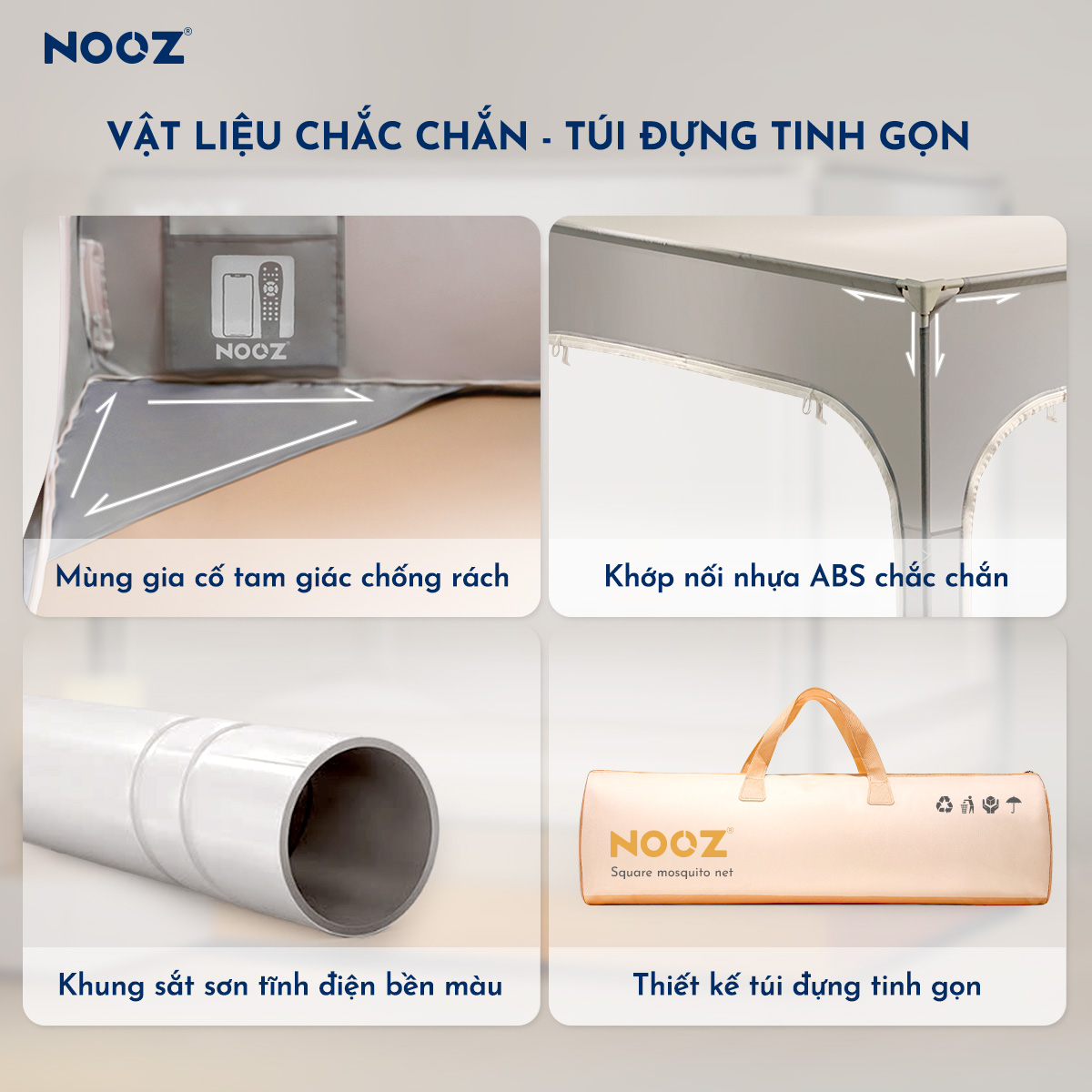 Mùng Chống Ngã NOOZ Khung Vuông Màng Chống Muỗi Dễ Lắp Đặt Không Khoan Tường NOOZ Home Goods