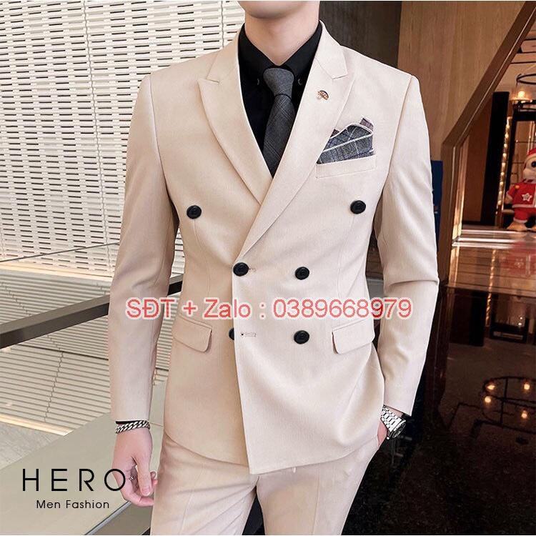 Bộ Vest Nam Hàn Quốc 6 Cúc Màu kem, Bộ Suit Nam 6 Khuy Màu Be