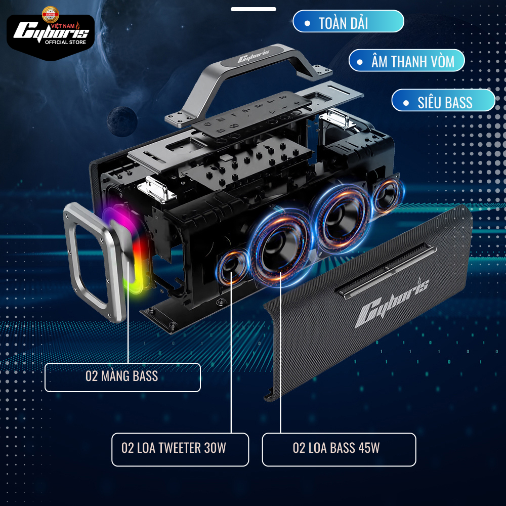 Loa Bluetooth Cyboris Battleship X12 Karaoke (Chiến hạm âm thanh), Công suất 200W, Loa siêu Bass, Chống nước IPX5, Pin cực khủng 18000mAh. Hàng Chính Hãng.