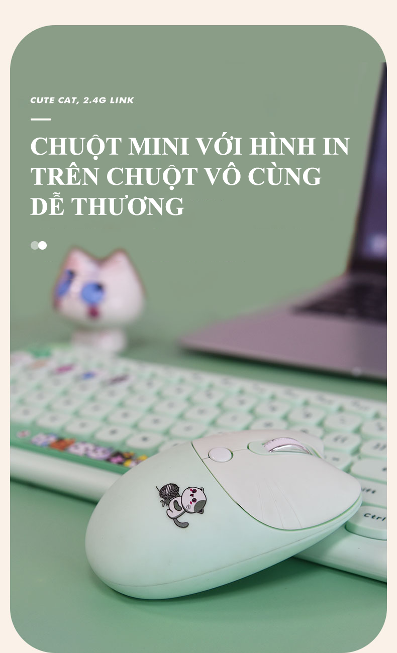 Bộ bàn phím và chuột không dây MOFII KITTY PLUS full size 104 phím với hình dáng tai mèo dễ thương kết nối bằng chip USB - HÀNG CHÍNH HÃNG