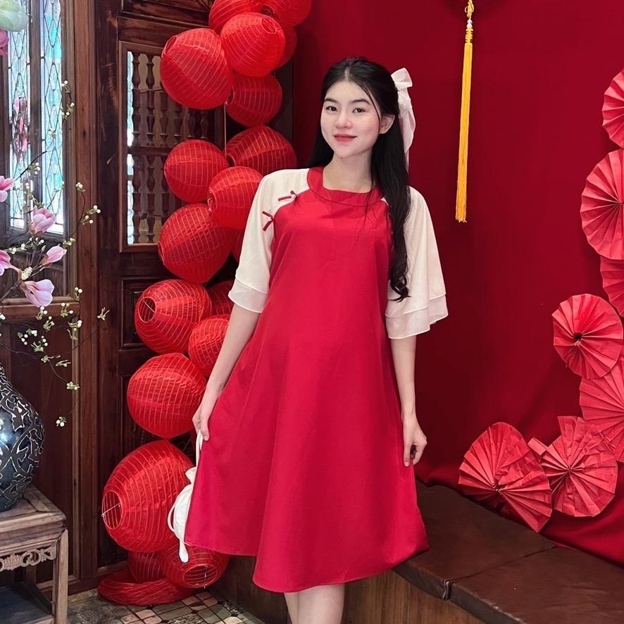 Đầm bầu thiết kế kiểu Áo dài cách tân Chất Cotton Lạnh đính nơ xinh xắn, thanh lịch - Vàng