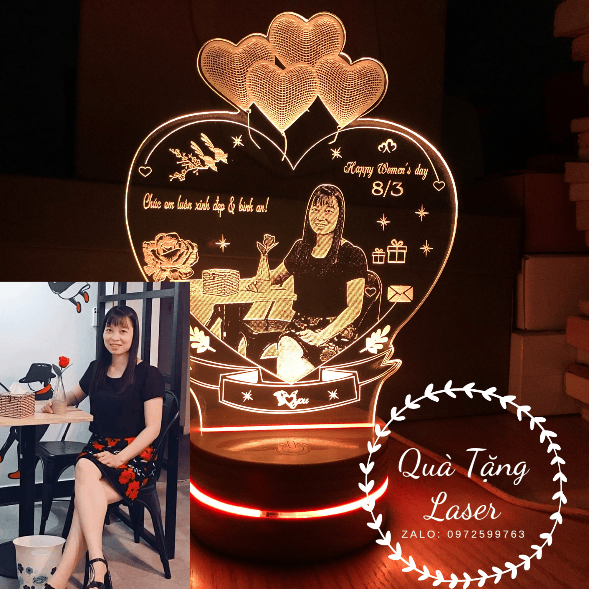 Quà tặng ngày 8/3 ý nghĩa - Đèn led khắc ảnh theo yêu cầu - Đế gỗ nhập khẩu cao cấp có viền sáng - Pin sạc 4h