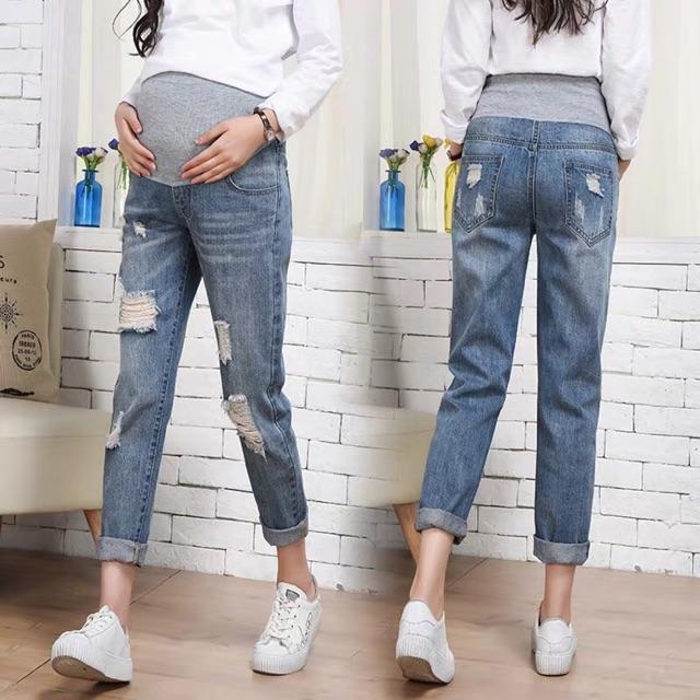 Quần bầu jean rách dáng dài