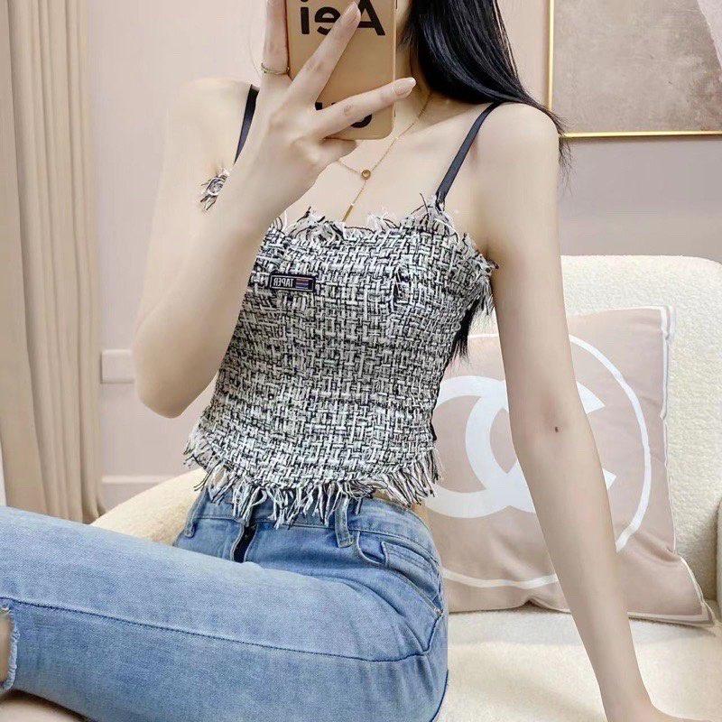 M77. Áo 2 dây dạ tweed kẻ siêu đẹp, áo kiểu nữ croptop sang chảnh 2022 (có sẵn - miễn ship)