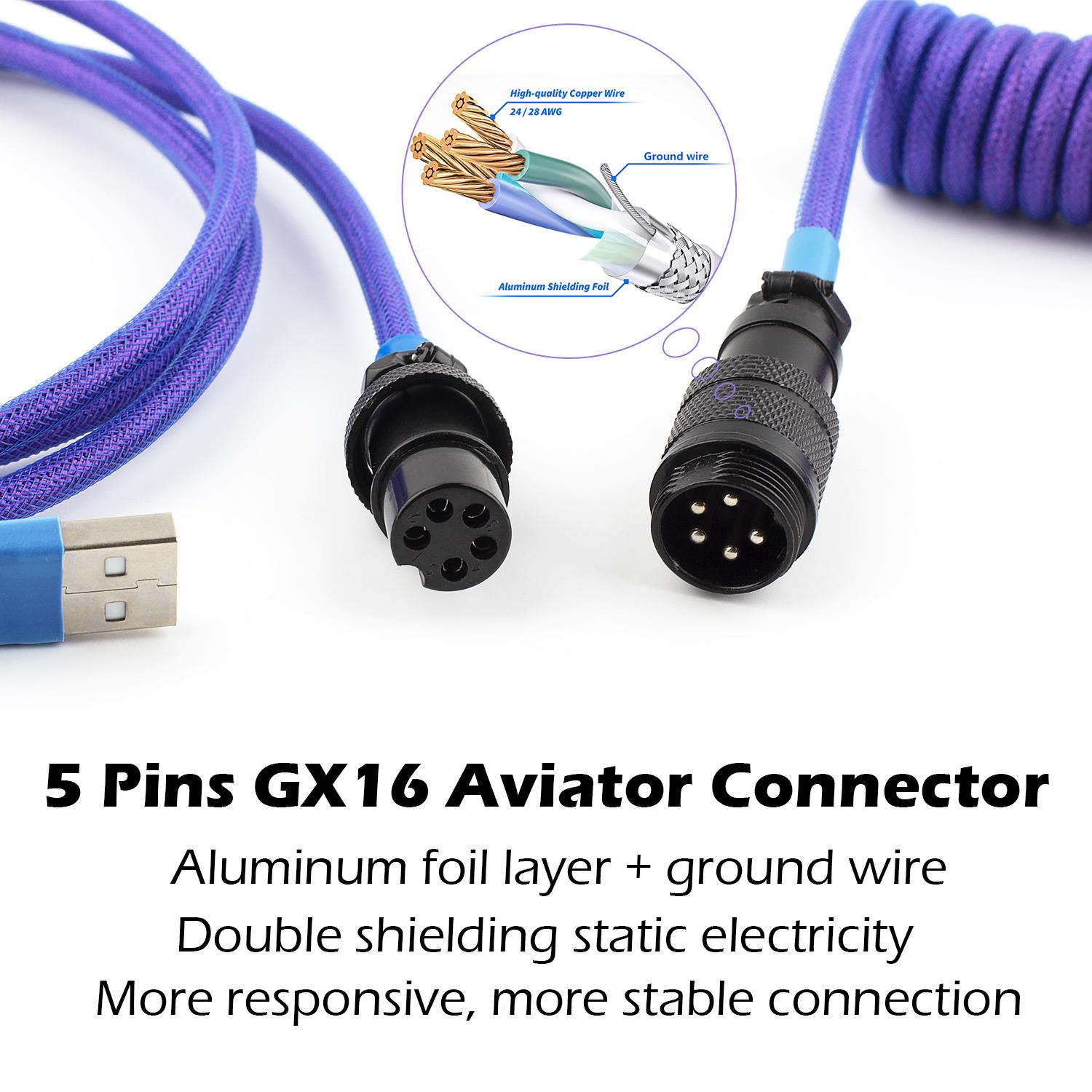 Dropshipping Coile 1.8m Loại C USB Cáp GX16 cho bàn phím cơ khí kết nối Aviator Connector Paracord với tay áo đôi