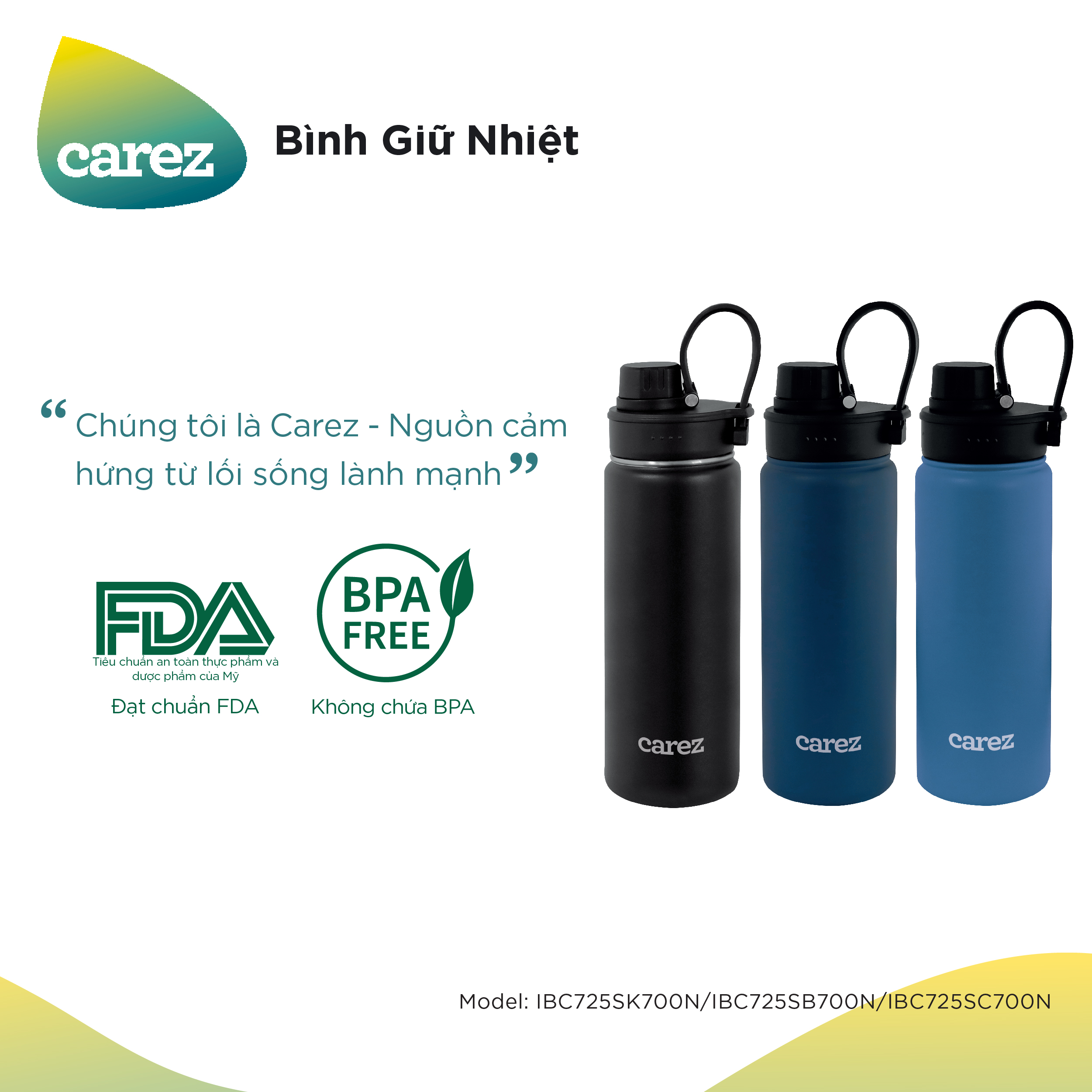 Bình Giữ Nhiệt Carez IBC725SC700N -  XANH CYAN -  700ml, Inox 304, Không chứa BPA - Giữ nóng đến 8 tiếng, giữ lạnh đến 24 tiếng - Hàng chính hãng