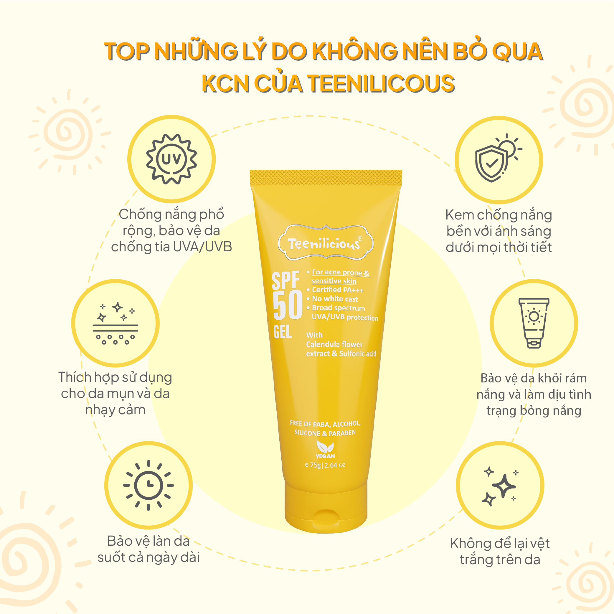 Kem Chống Nắng Teenilicious SPF 50 PA+++ Gel Mỏng Nhẹ Dành Cho Da Dầu Mụn Và Nhạy Cảm 75g