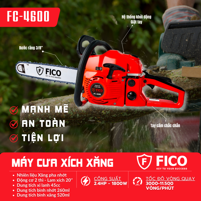 MÁY CƯA XÍCH CHẠY XĂNG 2 THÌ 2.4HP 45CC FC-4600 FICO - HÀNG CHÍNH HÃNG