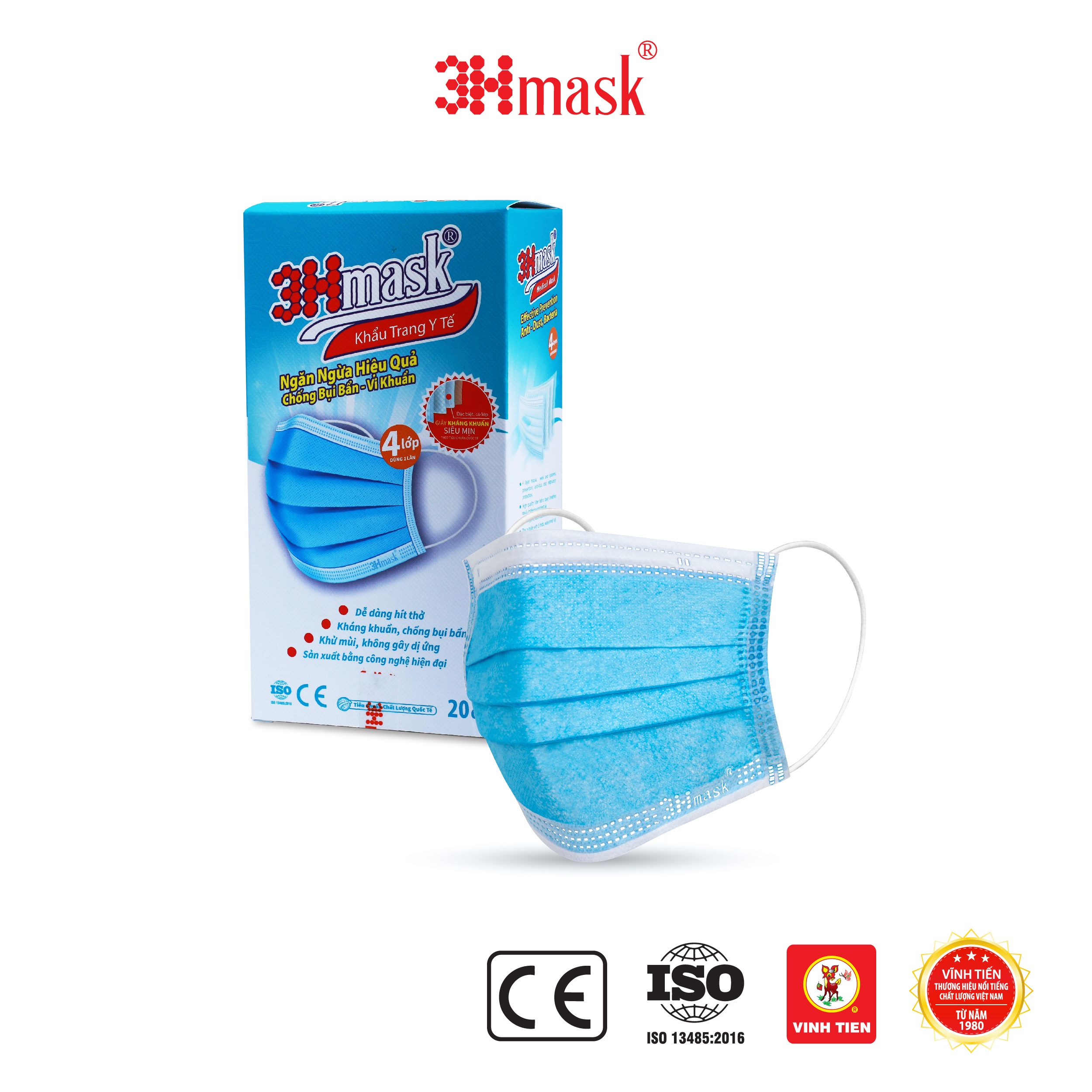 Khẩu Trang 3Hmask 4 Lớp Quai Tròn Xanh (20 cái)