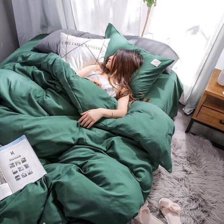 Bộ 5 Món Chăn Trần Bông Ga Gối Cotton Tici Xuất Nhật Beauty Màu Trơn - Màu Xanh Lá Cây