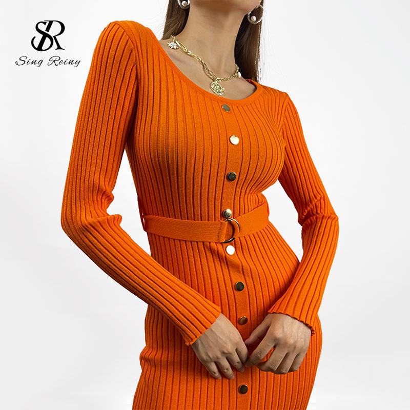 SINGREINY Nữ Thun Đầm Dệt Kim Tay Dài Cổ Tròn Nút Dây Mỏng Vỏ Áo Thu Gợi Cảm Bodycon Chia Đầm Ngắn