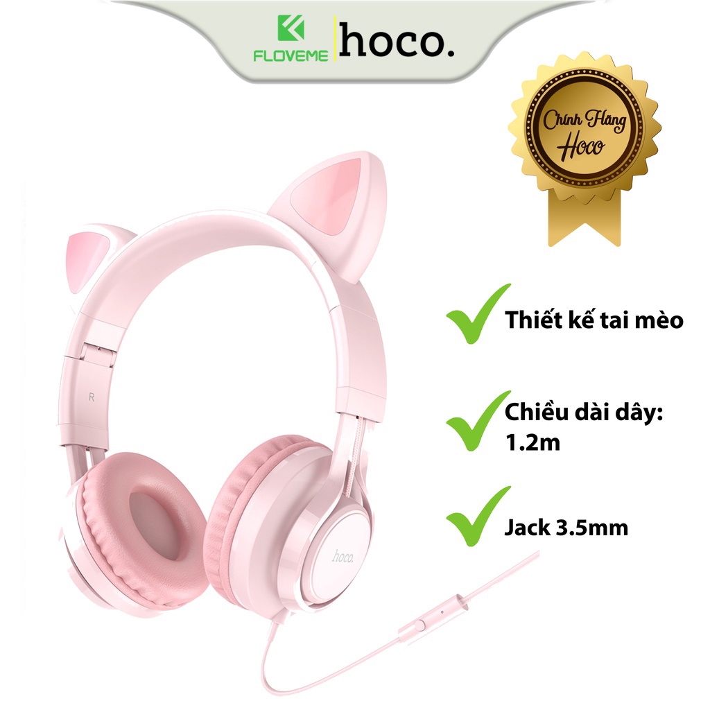 Tai Nghe Chụp Dành Cho Hoco W36, Hình Tai Mèo Dễ Thương, Âm Thanh Chân Thực, Tích Hợp Micro Đầu Cắm 3.5mm, Cam Kết Hàng Chính Hãng