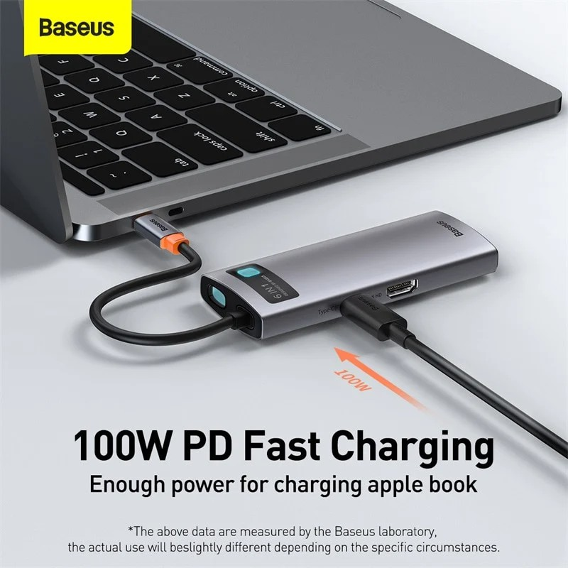 Hub chuyển đổi USB Type-C 6 in 1 sạc nhanh 100W ra 3 cổng USB 3.0, LAN RJ45, HDMI 4K hiệu Baseus Metal Gleam Series sạc nhanh chuẩn PD 3.0 cho Macbook / Laptop - hàng nhập khẩu