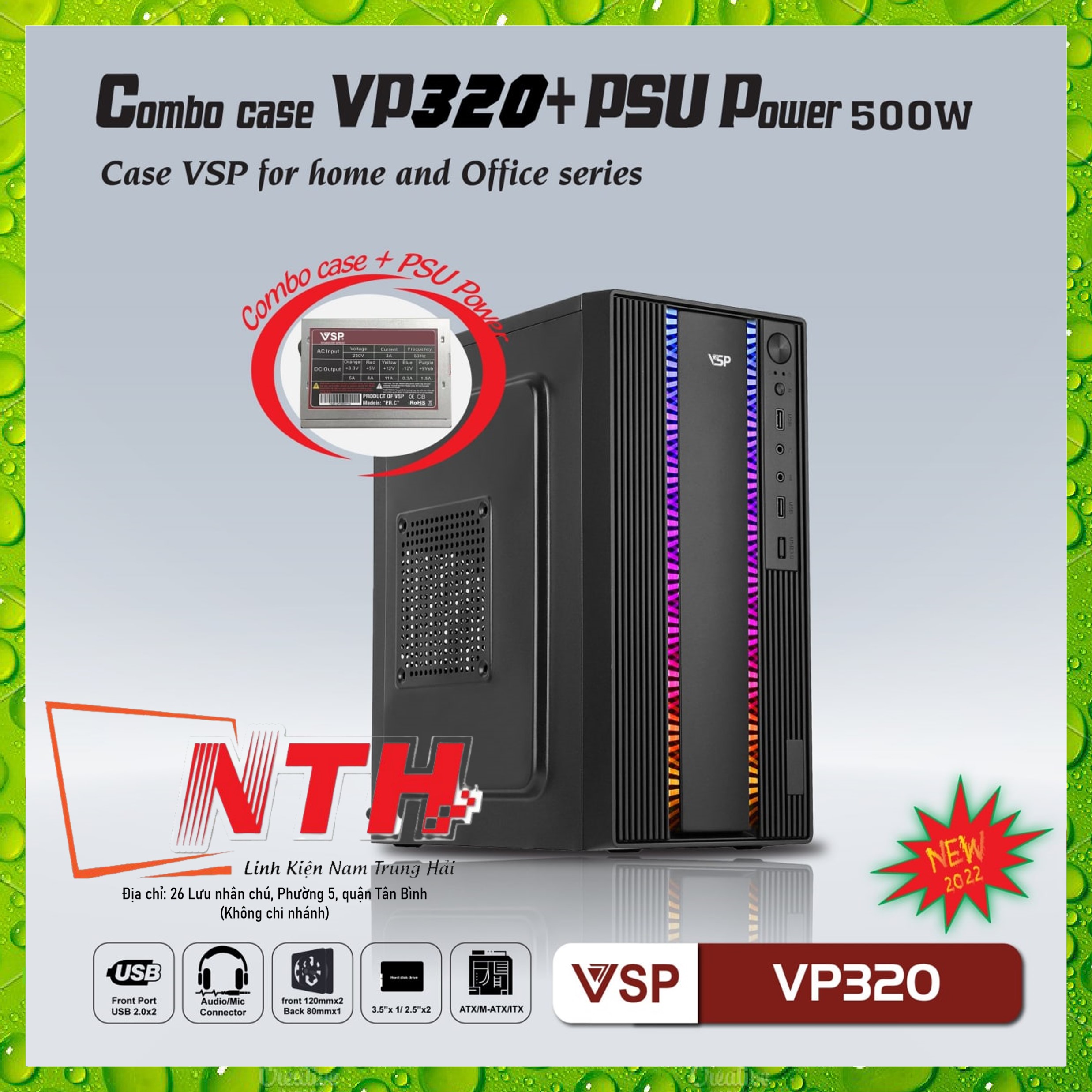 Bộ Case vỏ máy tính Nguồn VSP VP320 + 500w Black(Case Chuẩn mATX, Nguồn 500W)