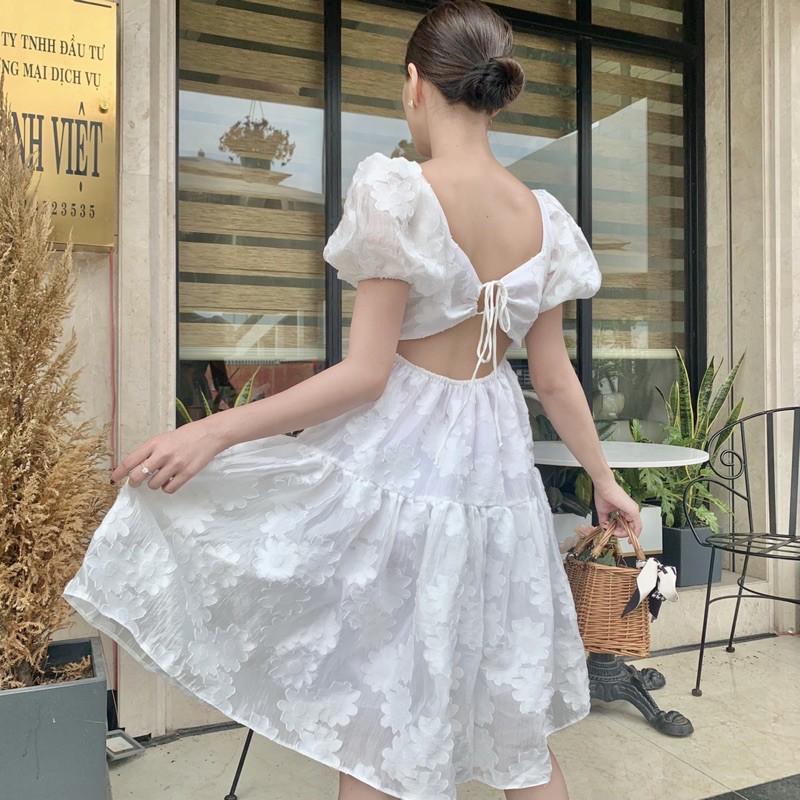 Đầm ulzzang dáng dài xoè trắng cutout lưng tay phồng - Audrey Studio