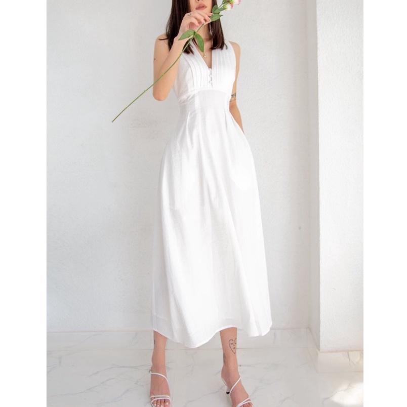 Đầm midi xòe dài cotton xếp ly cổ V trắng đen sát nách không tay ivy fashion đi biển dự tiệc dạo phố