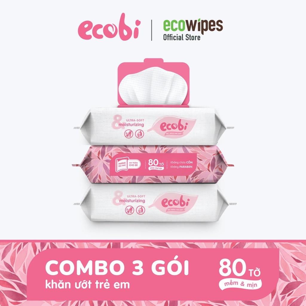 Combo 03 gói khăn giấy ướt cho bé Ecobi gói 80 tờ Hương Dịu Nhẹ không cồn không paraben an toàn cho da của trẻ