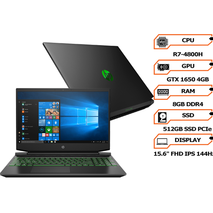 Laptop HP Pavilion Gaming 15-ec1056AX 1N1J6PA (AMD Ryzen 7 4800H/ 8GB DDR4 3200MHz/ 512GB SSD M.2 PCIE/ GTX 1650 4GB GDDR6/ 15.6 FHD IPS, 144Hz/ Win10) - Hàng Chính Hãng