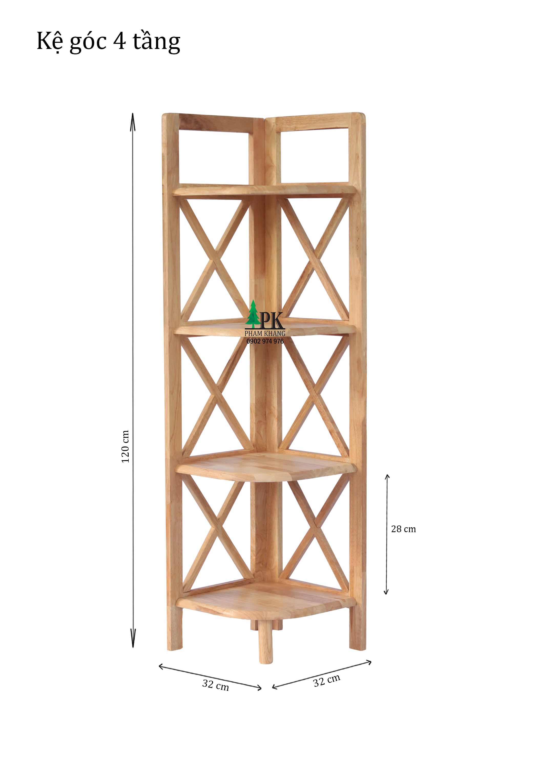 Kệ góc 4 tầng Start Decor - Gỗ cao su tự nhiên - Màu Gỗ Tự Nhiên/ Vàng Cherry - Kích thước rộng 30 cm - Cao 120 cm