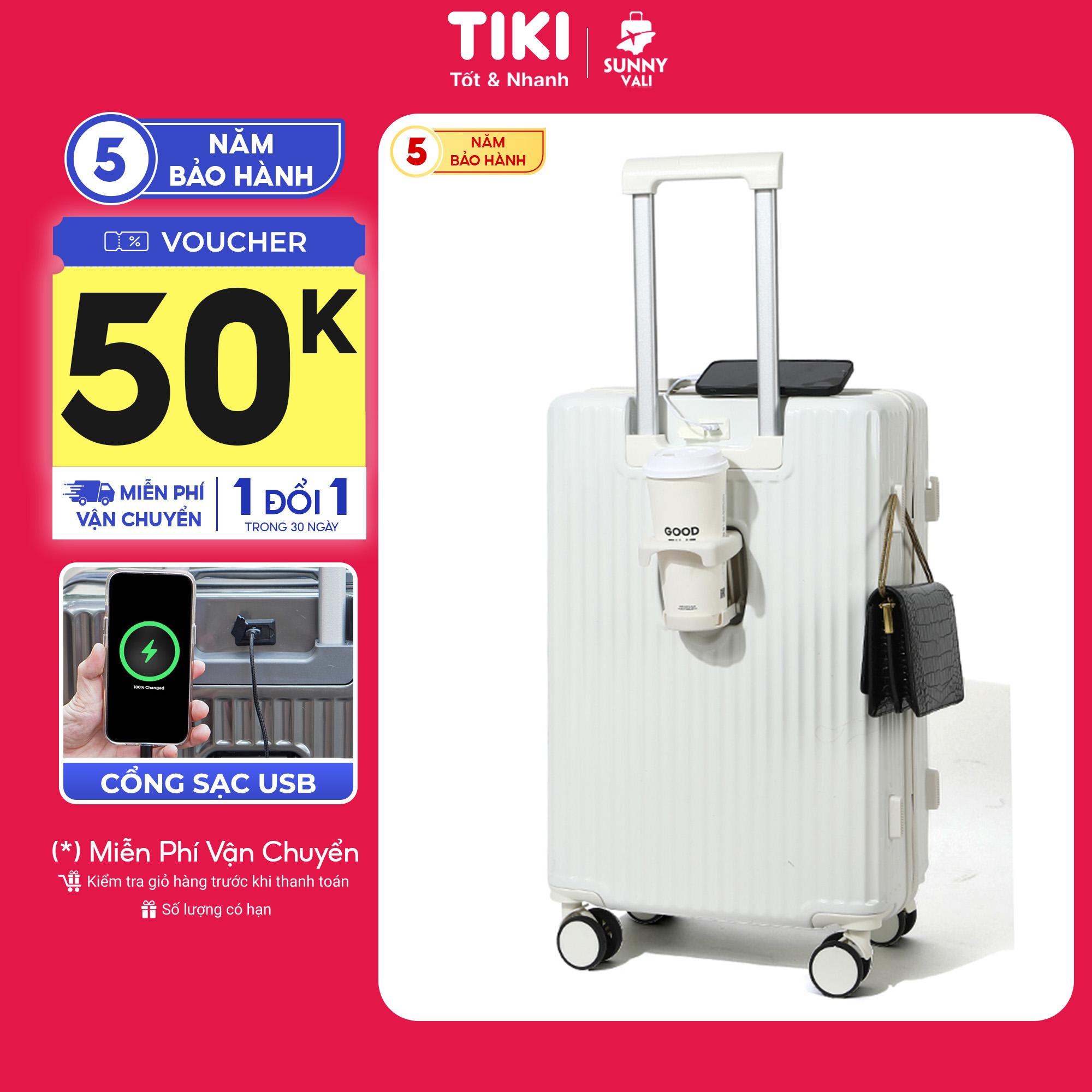 Vali du lịch SUNNY-SV09 Plus, vali kéo size 20/24, tích hợp cổng sạc USB, khay đựng cốc
