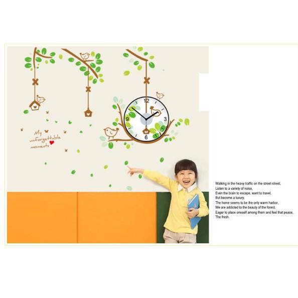 Decal Trang Trí Tường Kèm Đồng Hồ Dán Tường Cành Cây Con Chim Xanh