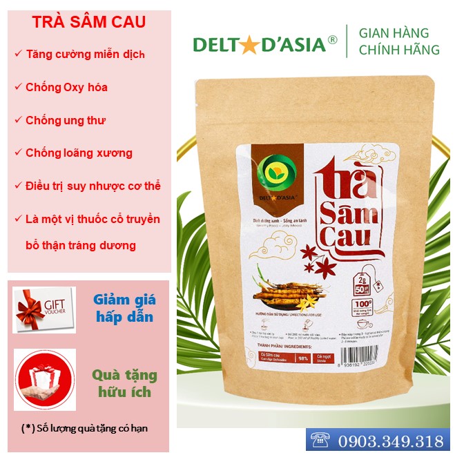 TRÀ SÂM CAU Túi Zip - Delta D'Asia Ngừa loãng xương, giảm chân tay tê mỏi, đau nhức xương khớp  (25 - 50 túi x 1,5 g)