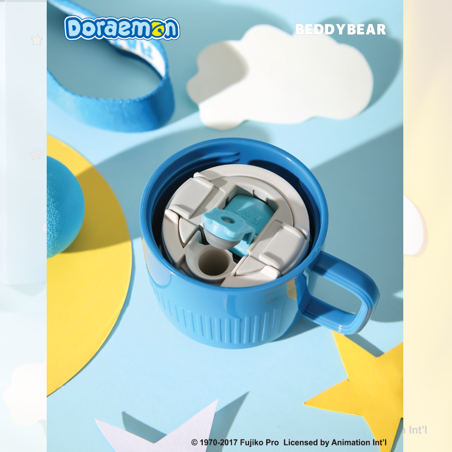 Bình giữ nhiệt cho Bé Doraemon xanh - Chính hãng 100% BeddyBear - Dung tích 600 ml - 2 Nắp thay thế - Inox 316 -bh 1 năm