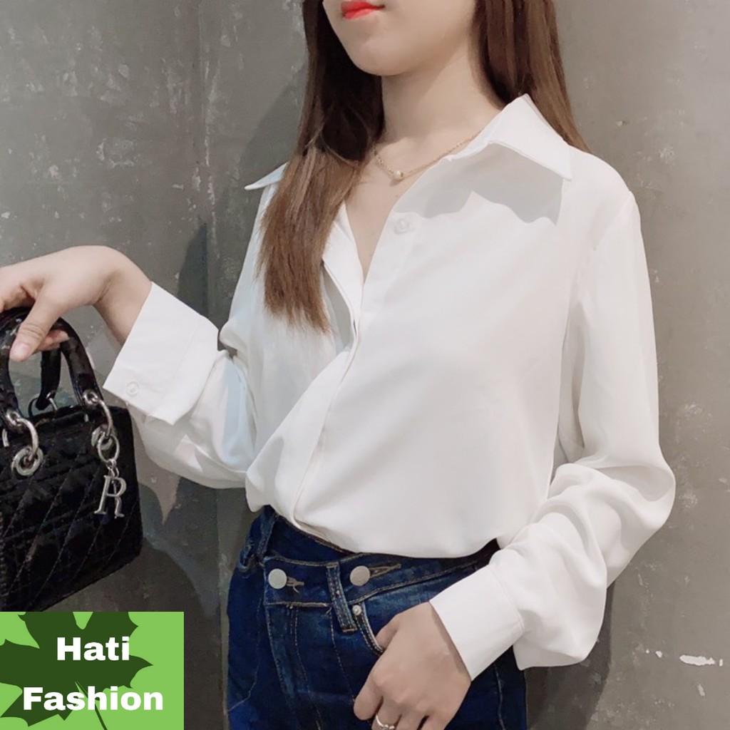 Áo Sơ Mi Lụa Hàn Công Sở Cổ Đức Nẹp Dấu Khuy Dài Tay Thiết Kế Hati Fashion