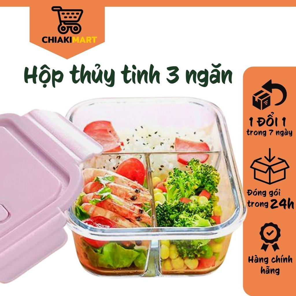 Hộp Thủy Tinh 3 Ngăn Cao Cấp, Đựng Thức Ăn An Toàn, Tiện Lợi, Nắp Chống Tràn, Quay Được Lò Vi Sóng