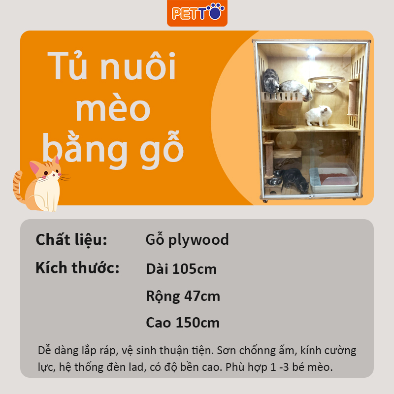 Tủ GỖ nuôi mèo 2 tầng Nhà mèo khép kín SANG TRỌNG cửa lùa trong suốt mang lại không gian sống tiện nghi cho mèo CC044