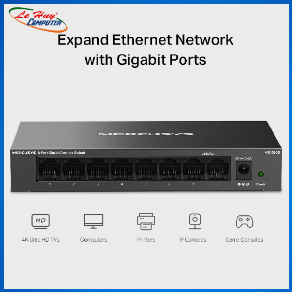 Switch Mercusys 8 Port 10/100/1000 Mbps MS108GS - Hàng Chính Hãng