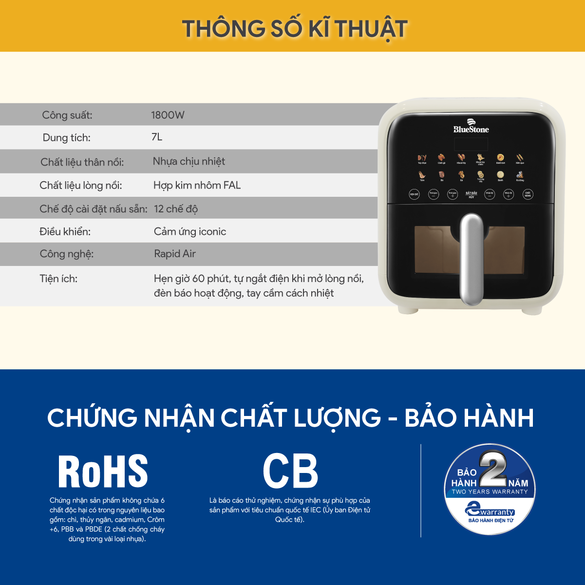 Nồi Chiên Không Dầu BlueStone AFB-5861 7 Lít 1800W - Hàng Chính Hãng