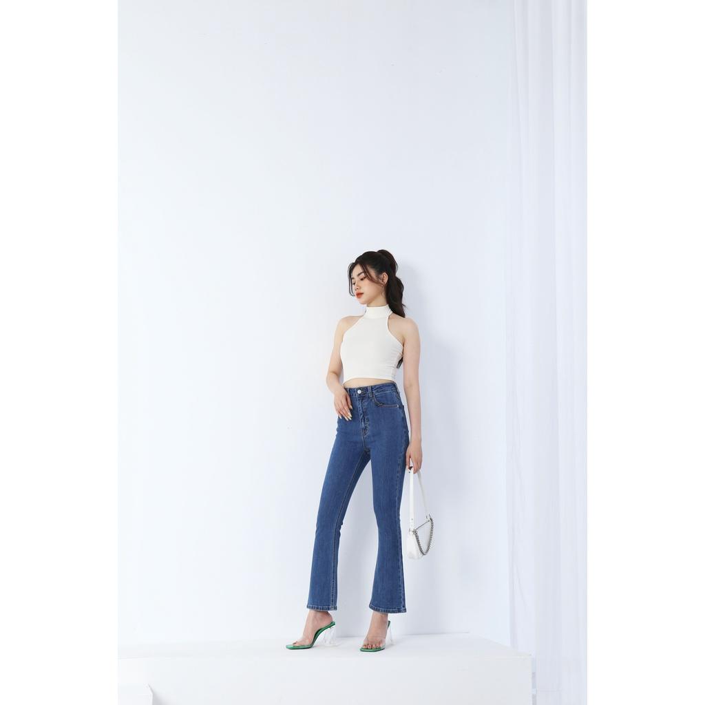 Quần Jean Nữ Ống Loe Vintage Lưng Cao Co Giãn Trơn Gấu Thường CT JEANS