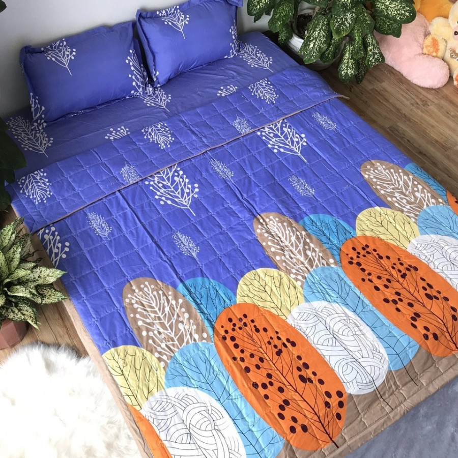 Set 5 món chăn hè ga chun Cotton Poly - Lá Cọ - Tặng kèm 1 móc khóa Houston