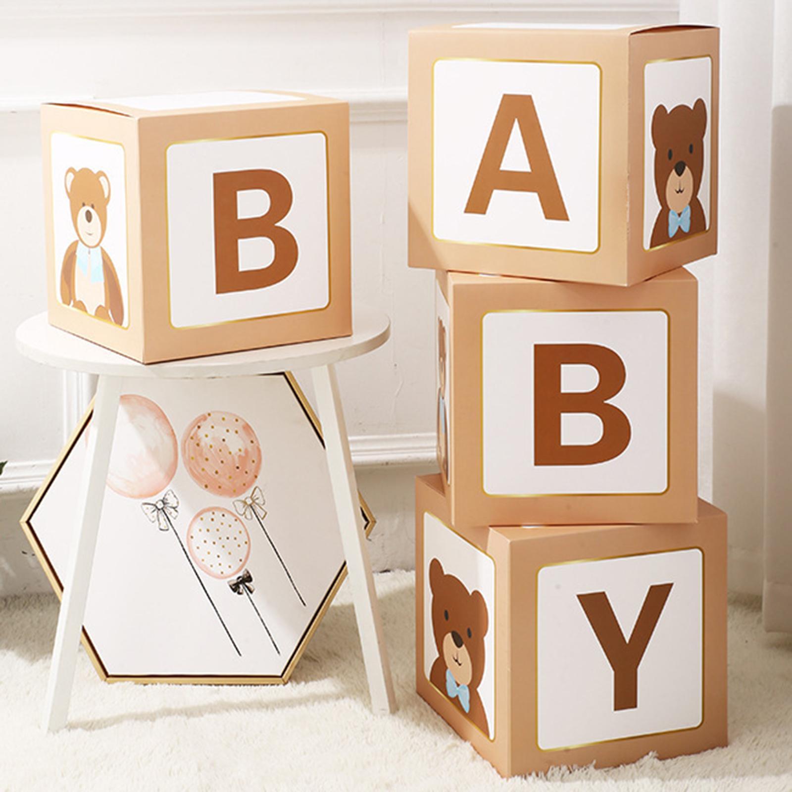 4PCS Baby Shower Decorations for Boy Girl, Baby Box Block Balloons Boxes with Letters, Gender Reveal Decor, Birthday Party Backdrop