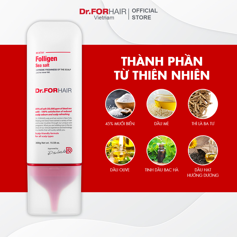 Bộ gội xả dưỡng tóc sạch gàu giảm rụng và suôn mượt tóc Dr.FORHAIR Folligen Plus 500ml x Scalp Pack 250ml x Sea Salt 300g