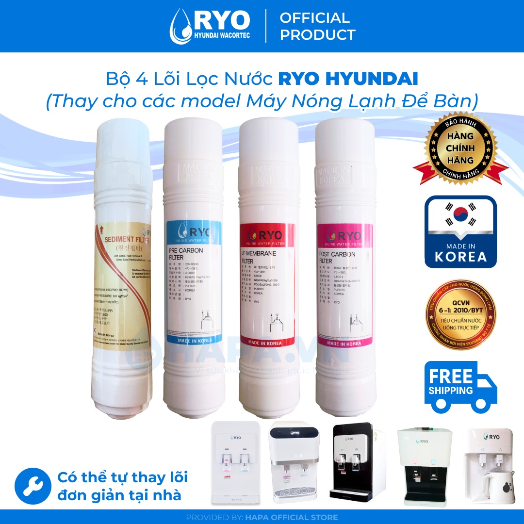 Bộ 4 Lõi Lọc Nước RYO HYUNDAI RP100H, Sediment, Pre-Carbon, UF Membrane Filter, Post Carbon. Nhập Khẩu Hàn Quốc - Hàng Chính Hãng.