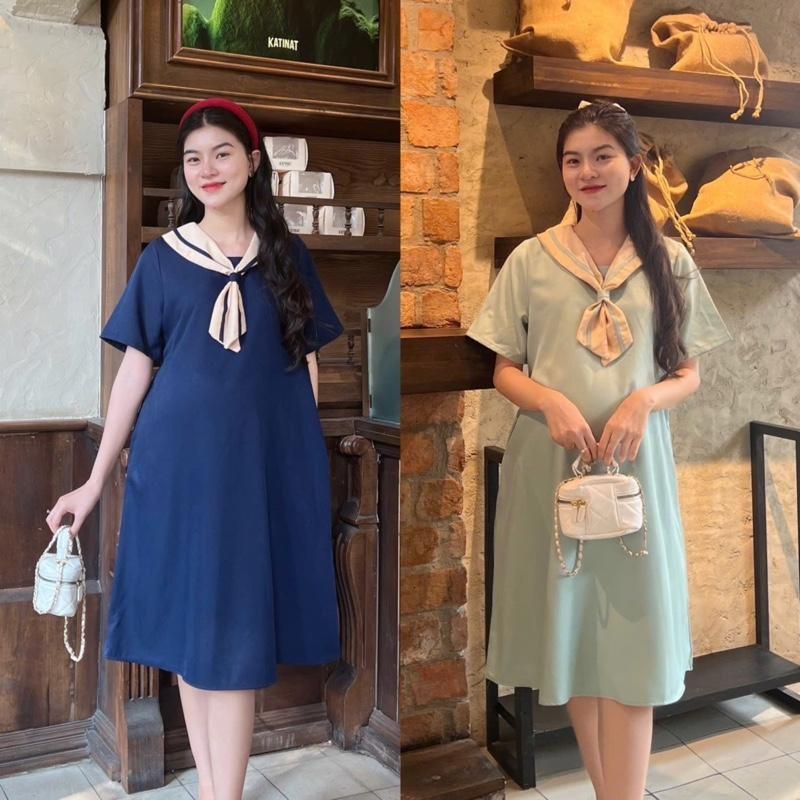 Đầm Bầu Công Sở Vải Trơn Chất Cotton Lạnh Phối Cổ Nơ Dáng Suông Thanh Lịch, Nhẹ Nhàng - Xanh đậu