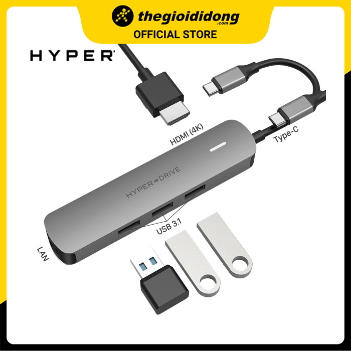 Adapter chuyển đổi Type C 6 in 1 HyperDrive HD233B Xám - Hàng chính hãng