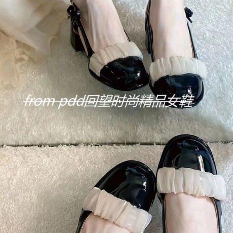 Giày Sandal Nữ Slingback Da Bóng Gót Vuông Phối Quai Lụa Nhún Vintage m