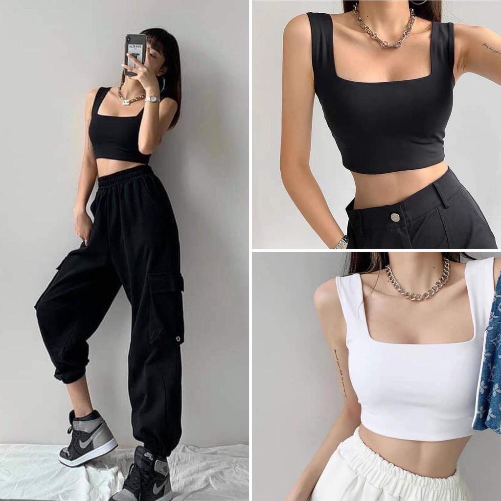 Áo croptop cổ vuông đen trắng - Áo croptop khoét nách 2 màu đen trắng phom ôm chất thun