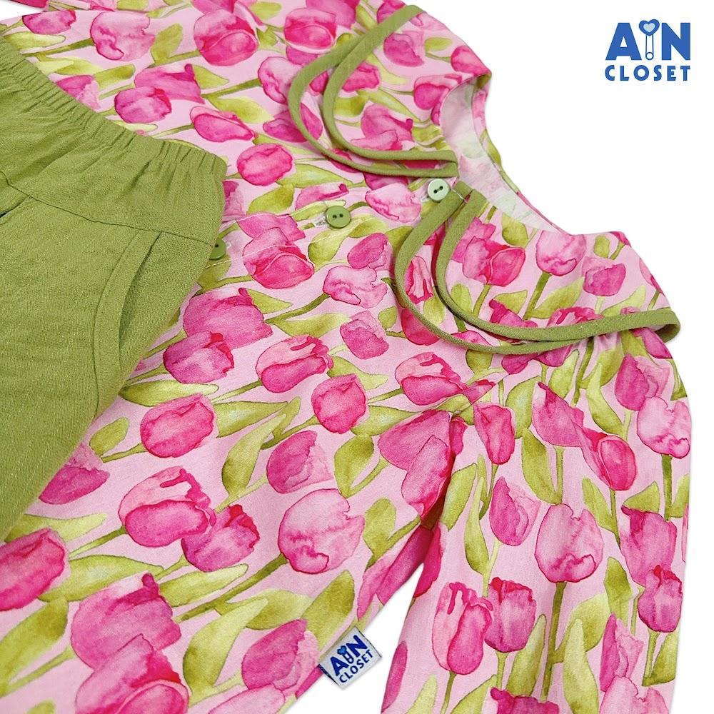 Bộ quần áo Dài bé gái họa tiết Tulip Hồng quần xanh cotton - AICDBGUXJSX4 - AIN Closet