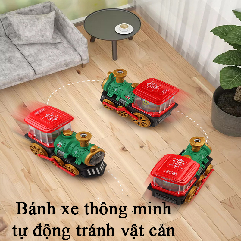 Đồ chơi xe lửa cổ điển phun được khói có nhạc và đèn tự chạy kèm đèn ảnh