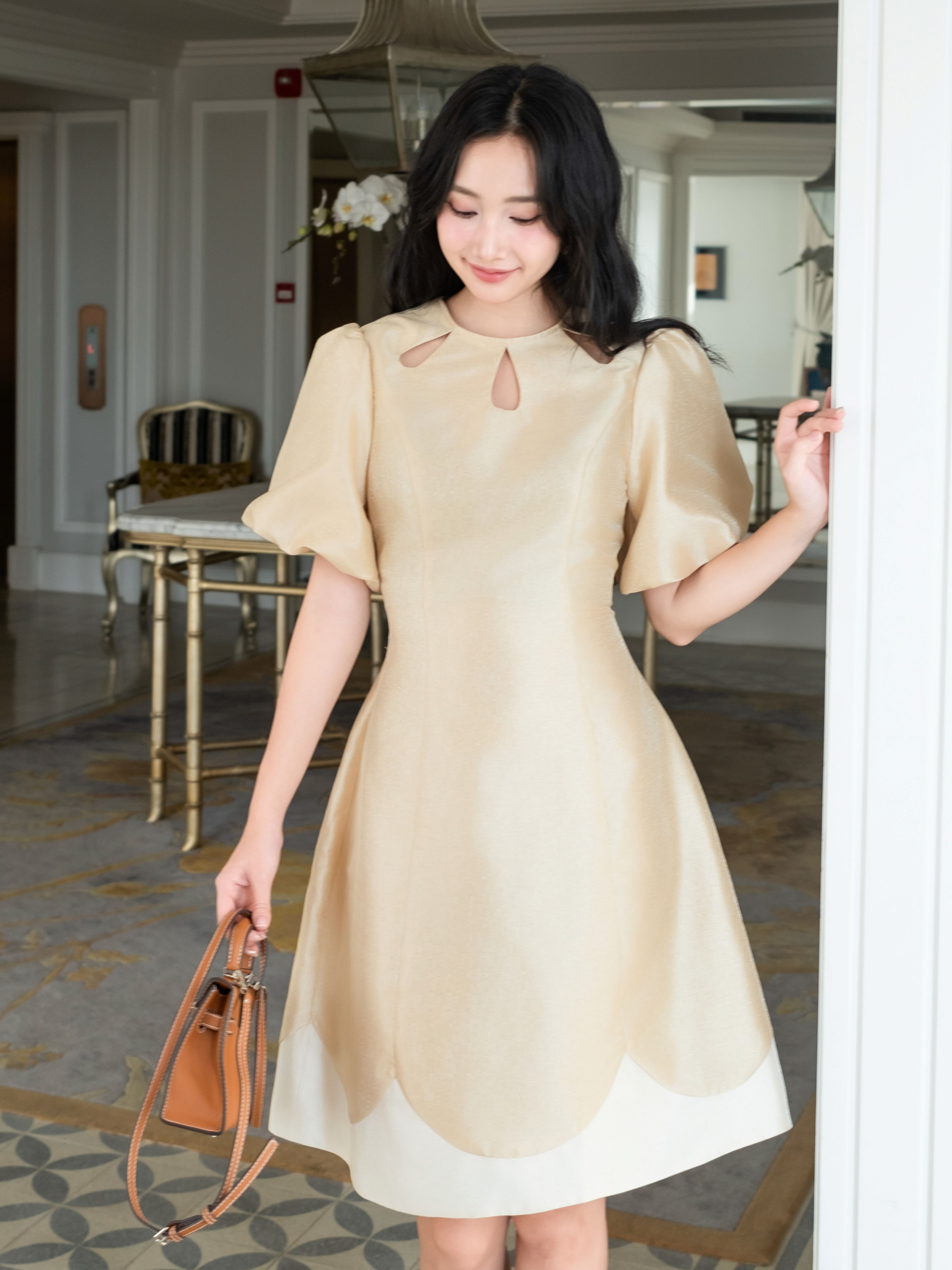 Đầm nude tay phồng NGADO , đầm dự tiệc , đầm thiết kế