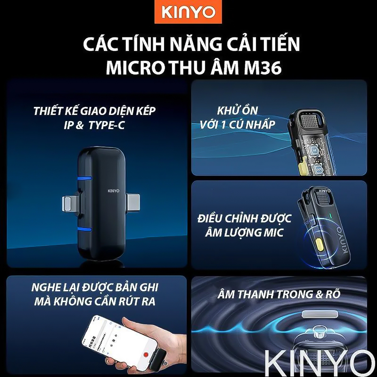 Micro thu âm không dây cài áo Vinetteam Kinyo M36 kèm dock sạc lọc âm chống ồn cao cấp có 2 đầu dành cho Iphone và Android - hàng chính hãng