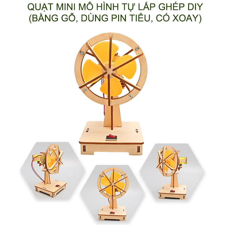 Quạt mini mô hình tự lắp ráp bằng gỗ DIY, dùng pin tiểu, loại có thể quay