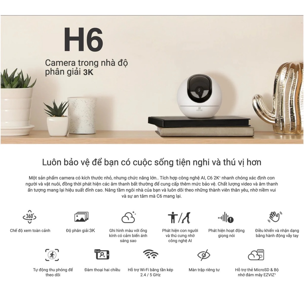CAMERA IP WIFI TRONG NHÀ EZVIZ H6 5MP 3K COLOR - Có màu ban đêm, Đàm thoại 2 chiều, Phát hiện dáng người, vật nuôi