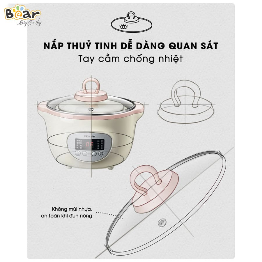 Nồi Nấu Cháo Chậm Cho Bé Bear, Hầm Cháo Chậm, Chưng Yến, Ninh Đa Năng Cho Bé Bear SUBE002 1.6 lít - Hàng chính hãng